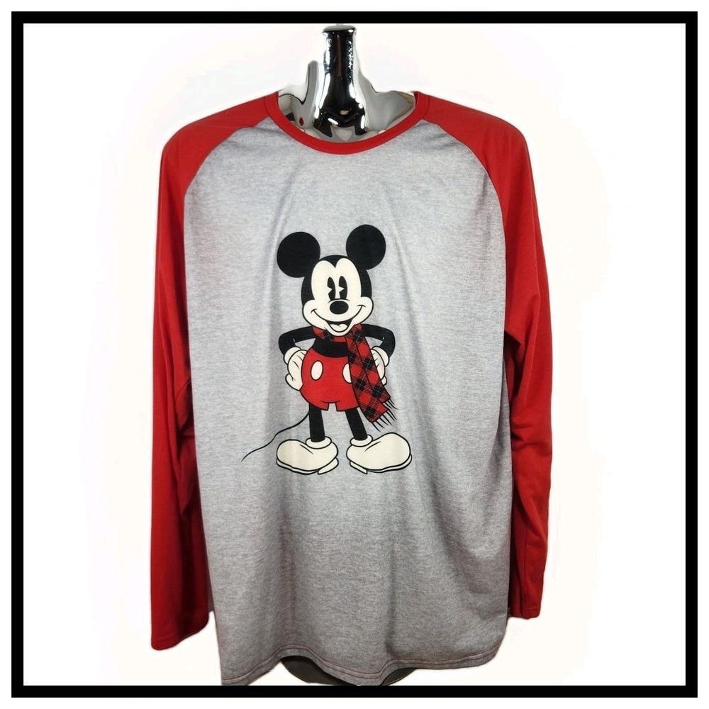 Disney Mickey Mouse Mens LS T Shirt 2XL Red Gray Muffler Scarf 100% Polyester
